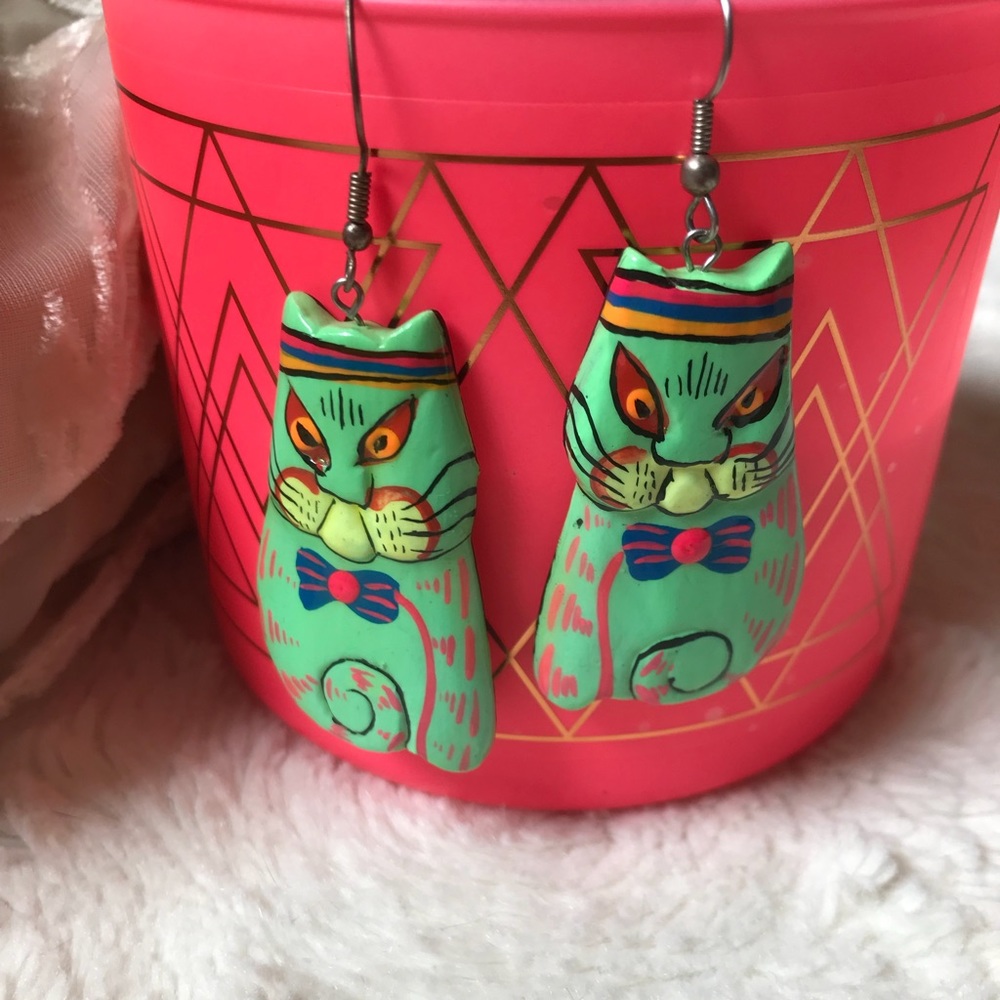 Mexican Folkart Painted Cat Earrings